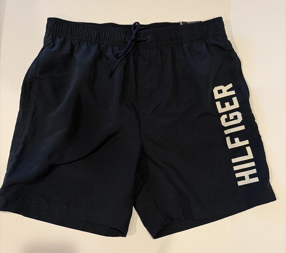 NWT- Tommy Hilfiger Men's 7" Swim Trunks Mesh Liner Navy Blue Script Logo
